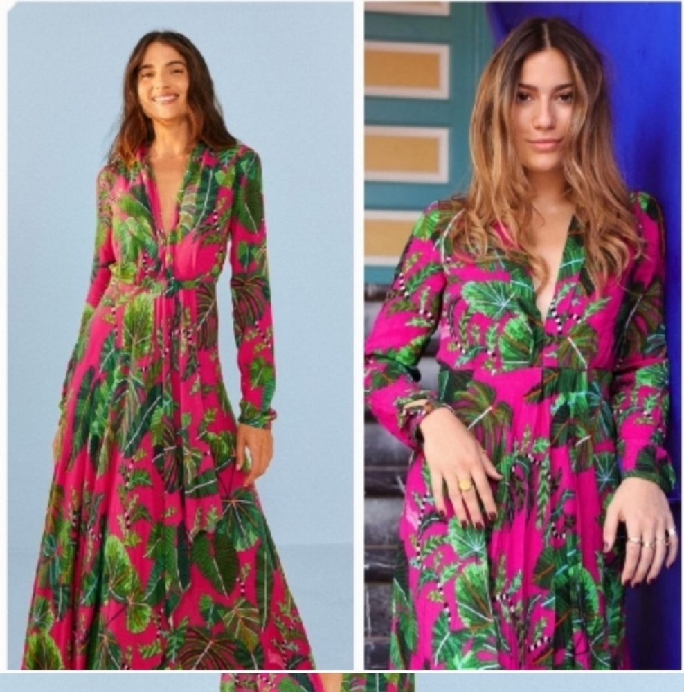 Anthropologie Fuchsia & Green Tropical Leaf Long Sleeve Maxi Dress